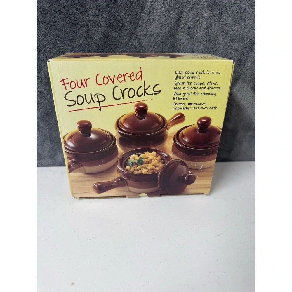 Four (4) Covered Soup Crocks Sturdy Bowl w/ Handle * Lid w/ Knob * Comfort Food